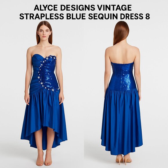 ALYCE DESIGNS VINTAGE STRAPLESS BLUE SEQUIN DRESS 8 - Picture 1 of 11